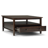SIMPLIHOME Warm Shaker Square Coffee Table - 36 inch Wide Solid Wood Cocktail Table in Tobacco Brown, Transitional Living Room Table with Large Storage Drawer and Open Shelf for Sitting Area