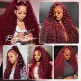 ALSZIQIHR Burgundy 99J Red Water Wave Human Hair Wig 13x4 HD Lace 34inch