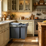 Slim Pull-Out Double Lidded Trash Can - Dual-Bucket Under Cabinet Waste Bin, 13.38"x18.89"x16.73", Odor-Reducing, Perfect for Narrow Kitchens