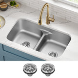 KRAUS Premier 32-inch Undermount 50/50 Double Bowl Low Divider 18-Gauge Stainless Steel Kitchen Sink with Strainers (x2), KBU32