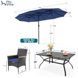 PHI VILLA 7pc Patio Dining Set w/Umbrella, Rectangular Table, Rattan Chairs