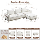 112" Sectional L Shaped Couch with Movable Ottoman, 4-Seater Modular Cloud Sofa for Living Room, Comfy Chenille Deep Seat Couches with Thicked Cushion and Metal Armrests, White