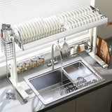 White Over the Sink Dish Drying Rack - Stable H-Frame Stainless Steel Kitchen Sink Organizer - Large Dish Rack with Utensil Holder & Cutting Board Rack - Single Tier 23.6-35.4in(23.6x11.4x20.5in)