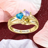 Personalized 10k white gold 3 Birthstones Ring for Women Mother's Ring Personailzed 14k yellow gold Birthstone Ring Family Rings Mom Jewelry Mother and Daughter Rings with 2 Birthstones(Yellow Gold)