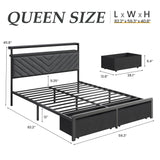 Fluest Queen Bed Frame with 2 Drawers, Upholstered Headboard with Storage and Charging Station, LED Lights, Fabric Drawers with Wheels, Under Bed Storage, No Box Spring Needed, Easy Assembly, Grey