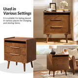 HULALA HOME 2 Drawer End Table with Pull-Out Shelf, Mid-Century Modern End Table with Wood Legs, Wood Side Table with Charging Station(Acorn, Set of 2)