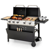 MFSTUDIO 5 Burner Gas Grill Griddle Combo with Porcelain-Enameled Cast Iron Grates,Cutting Board and Double Lids, Duel-Function Propane BBQ Grills