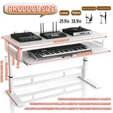 Height Adjustable Music Studio Desk with Keyboard Tray – Standing Computer Workstation with Cable Management, MIDI Shelf & Metal Legs for Recording, Production, Home Office(White+White,70in)