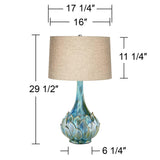 Possini Euro Design Kenya Modern Tropical Table Lamp with USB Dimmer 29 1/2" Tall Blue Green Glaze Ceramic Beige Linen Drum Shade for Bedroom Living Room House Home Bedside Nightstand Office Family