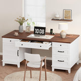 Executive Desk 60 Inch, Wooden Home Office Desk with Adjustable Storage Cabinet, Built-in Charging Port