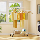 HYSEYY Double Rods Clothes Rack, Rolling Clothing Rack for Hanging Clothes Portable Wardrobe Rack, Metal Garment Rack Sturdy Coat Rack for Bedroom Laundry Living Room, White
