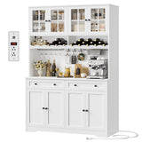 HOSTACK 75.4" Tall Kitchen Pantry Cabinet with Charging Station, Modern White Kitchen Hutch with Microwave Stand and Wine Racks, Large Food Pantry Storage Cabinet with Glass Doors and Drawers, White