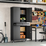 Yizosh Metal Garage Storage Cabinet with Locking Doors and Adjustable Shelves, 73" Rolling Tool Storage Cabinet with 4 Wheels and 1 Drawer for Garage,Warehouse (Black)