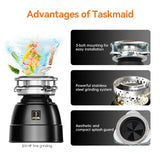 3/4 HP Garbage Disposal, TECASA Food Garbage Disposal with Power Cord, Stainless Steel Grinding System and 3-Bolt Mounting, Continuous Feed Garbage Disposals, Quiet, Taskmaid Series 75