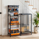 Fishing Rod Holders for Garage, Fishing Pole Rack with 3 Tier shelf, Heavy Duty Fishing Pole Holders with Pegboard and Basket, Freestanding Fishing Rod Rack Hold up to 12 Fishing Rods, Black