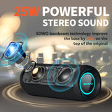 Portable Speaker, Wireless Bluetooth Speaker, IPX7 Waterproof, 25W Loud Stereo Sound, Bassboom Technology, TWS Pairing, Built-in Mic, 16H Playtime with Lights for Home Outdoor - Black SOWO