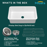 Miuara White Undermount Kitchen Sink 32 Inch - Large Topmount Fireclay Drop In Sink 32"x19"x10", Dual Mount Heavy Duty Deep Single Bowl, with 2 Custom Accessories, Glossy White, for Kitchen