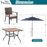PHI VILLA 5pc Patio Dining Set with Umbrella, Square Table, Rattan Chairs