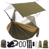 Sunyear Hammock Camping with Rain Fly Tarp and Net, Portable Camping Hammock Double Tree Hammock Outdoor Indoor Backpacking Travel & Survival, 2 Tree Straps,100% Waterproof Green Bundle