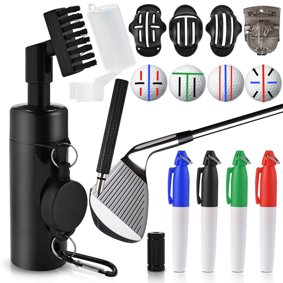 GOLDGE 10pcs Complete Golf Essentials Kit - Including Pro Club Brush Cleaner with Retainer Clip (4 Stencils & 4 Markers)
