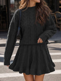 Tankaneo Womens 2 Piece Sweater Skirts Set Chunky Cable High Neck Long Sleeve Sweaters Ruffle Mini Skirt Lounge Set