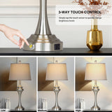 Rinweey 30 inch Silver Table Lamp Single, 3 Way Touch Control Bedside Lamp with USB A+C Ports, Modern Brushed Nickel Bedroom Lamps for Nightstand, Tall Metal Living Room Lamps for Side Table Office