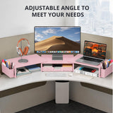 OPNICE Desk Organizers and Accessories, Dual Monitor Stand Riser with Drawer and 2 Pen Holders, Desk Shelf Computer Racks & Printer Stand for Office Workspace Organizers, Desktop Organization (Light Pink)