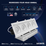 LUXRITE 4-Head Regressed Gimbal LED Recessed Spotlight, 360°+15° Adjustable, 5CCT 2700K-5000K, CRI90, 60W, 4000 Lumens, 60° Beam Angle, Rectangular White Finish, Dual Dimmable, IC & Wet Rated