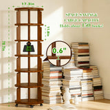 6 Tier 360° Rotating Solid Wood Bookshelf with Wheels, Lazy Susan Circular Spinning Revolving Corner Bookcase