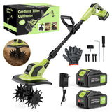 21V Cordlees Tiller Cultivator for Gardening, 400RPM Electric Garden Tiller, Brushless Rototiller with 2 * 3.0Ah Battery, 9.5" Width 7" Depth, for Yard、Lawn、Soil Tiller (Green)