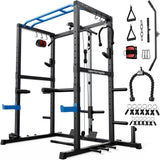 Sportsroyals Squat Rack, LAT Power Cage, Power Rack Multi-Function with Pulley System and Training Attachments for Home Gym