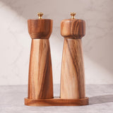DeroTeno Salt and Pepper Mill Set with Tray, Adjustable Ceramic Grinder Salt Mill, Stainless Steel Grinder Pepper Mill, Acacia Wood, 20.5 cm/ 8 Inch Height, Bottom Dia 6 cm /2.36 inch