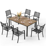 PHI VILLA Outdoor Dining Set for 6& 65”Wood-Like Metal Table