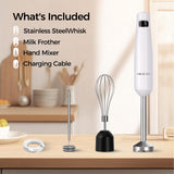 Cordless Hand Blender, 12V Rechargeable Immersion Blender with Brushless Motor, 60+ Bowls per Charge, 2-Blade, Auto Lock, Whisk & Frother for Soup, Smoothies, Baby Food