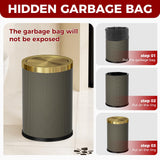 LEASYLIFE 9L/2.3GAL Bathroom Trash Cans Gold,Brush Brass Trash Can with Lid,Gold Trash Can for Bathroom,Bedroom, Powder Room,Office,Laundry Room (9L-Gery)