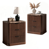 Lerivos Modern Fluted Nightstand Set of 2 with 3 Drawers, 22.8" Wide Wooden Bedside Table in Walnut, Faux Marble Top, Metal Handle, Curved Silhouette Design for Bedroom, Living Room, Office