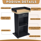 43" Wood Podium Stand with Wheels, Portable Lectern with 3 Levels of Storage