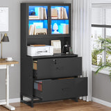 SEDETA 2 Drawer File Cabinet with Lock & Charging Station, Filing Cabinet Fits Letter, Legal, A4 Size, Wood File Cabinets, Black