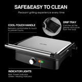 OSTBA Panini Press Grill with Adjustable Temperature, 4-Slice Indoor Grill, 180° Open Sandwich Maker with Drip Tray, Non-Stick Plates, Stainless Steel, 1200W