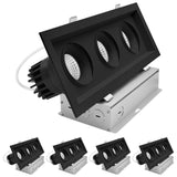 LUXRITE 3-Head Regressed Gimbal LED Recessed Spotlight, 360°+15° Adjustable, 5CCT 2700K-5000K, CRI90, 45W, 3000 Lumens, 60° Beam Angle, Rectangular Black Finish, Dual Dimmable, IC & Wet Rated (4 Pack)