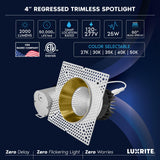 LUXRITE 4-Inch LED Trimless Recessed Spotlight with Brass Reflector Trim Replacement 25W, 2000LM, 5CCT, 60° Beam Angle, Dimmable, Push-n-Lock, CRI90, Damp & IC Rated, ETL White + Brass (4 Pack)