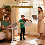 2 in 1 Dual-use Music Stand & Desktop Book Stand, Adjustable Height 16.5"-51", 100% Solid Wood Laptop Floor Stand Book Holder with Elastic Page Clips for Cookbooks (White)