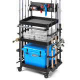Savior Equipment Mobile Tackle Station Pro 16 Fishing Rod Holder Cart w/Wheels, Adjustable Rack For Different Rod & Reel, 3-Level Fishing Gear Storage Pole Organizer For Garage Home Indoor Use, Black
