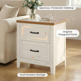 PIXOURA Farmhouse Nightstand Set of 2 with Charging Station, 22'' Wide Bedside Table with 2 Drawers & Metal Handle, Wood Night Stand End Side Table with Storage for Bedroom, Rustic White