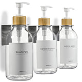 Shampoo and Conditioner Dispenser Wall Mounted Set of 3 Clear Bamboo - No Drill Shower Soap Dispenser for Bathroom Refillable - Spa Hotel Style Accessories by MaisoNovo