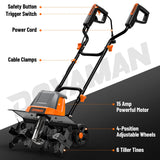 DOVAMAN 18-Inch Electric Garden Tiller, 15-Amp Corded Cultivator with Up to 9-Inch Tilling Depth, 4-Position Adjustable Wheels & Foldable Handle for Soil Preparation