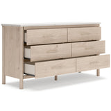 Signature Design by Ashley Cadmori Casual Bohemian Dresser with Post Legs and 6 Drawers, Replicated Marble Top, Wood, 35" High, White and Light Brown Finish