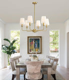QUENEY 6-Light Brushed Gold Pendant Chandelier with Fabric Shades, E12 Base - Farmhouse & Industrial Style for Kitchen, Living Room, Dining Room, or Bedroom Lighting