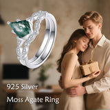 Oseew Natural Moss Agate Ring for Women 2CT Kite Cut 2 Pieces Engagement Ring Set 10K/14K/18K Solid Gold/Sterling Silve Personalized Wedding Leaf Vintage Bridal Promise Ring for Women (Style 2