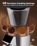 Tuni G1 Conical Burr Coffee Grinder, 48 Grind Settings Anti-static Burr Mill, Precision Electronic Timer and LED Touchscreen, Silver
